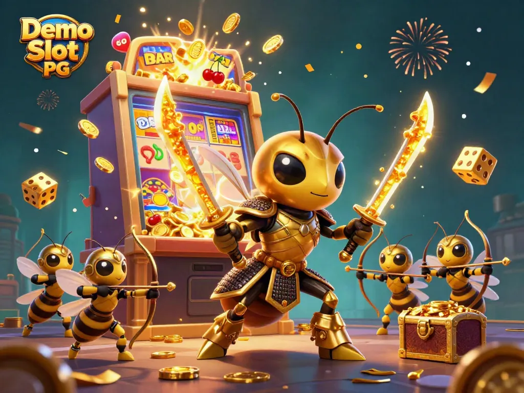 Spin and win with Demo Slot PG as vibrant golden hornet characters engage in an exciting slot machine adventure.