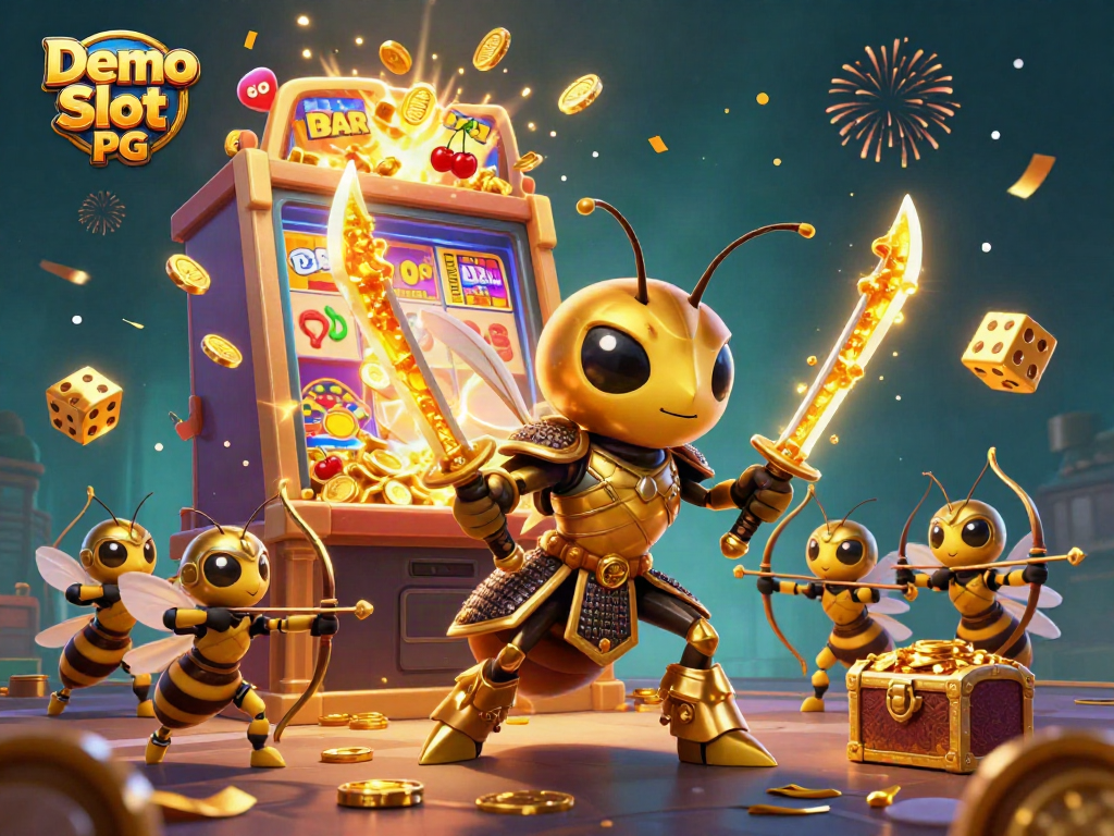 Spin and win with Demo Slot PG as vibrant golden hornet characters engage in an exciting slot machine adventure.