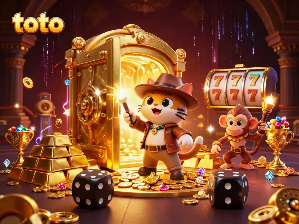 Experience the thrill of toto in a vibrant casino scene with an archaeologist cat and treasure.