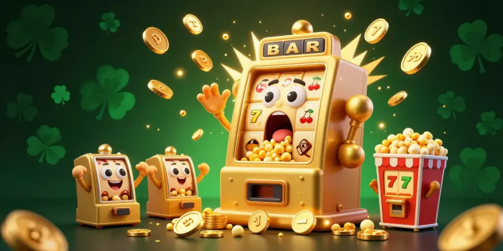Slot machine 8TOGEL memicu jackpot berlimpah dalam ilustrasi yang ceria, penuh warna.