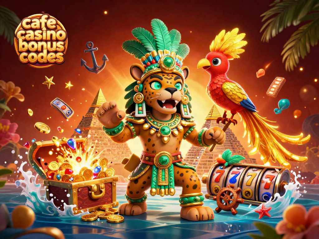 Engage with cafe casino bonus codes: a vibrant 3D scene featuring a Mayan jaguar priest and gaming elements.