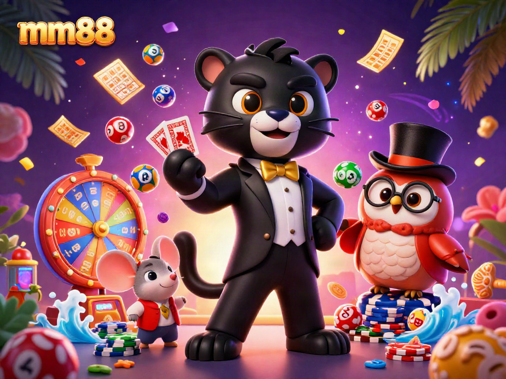 mm88 showcases an engaging scene with a stylish panther and friends amidst lively casino elements.