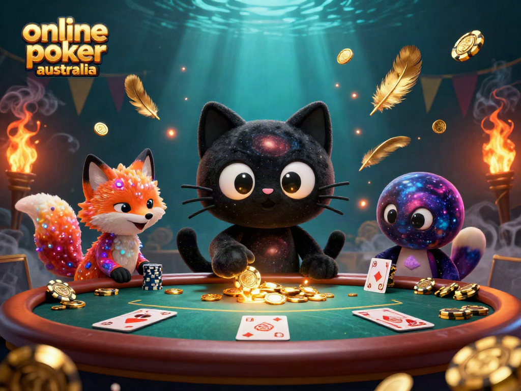 Engage in online poker Australia with a captivating cosmic poker scene featuring vibrant characters and dynamic elements.