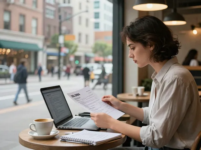 Job seeker reviewing applications while searching หางาน in a coffee shop, urban setting.