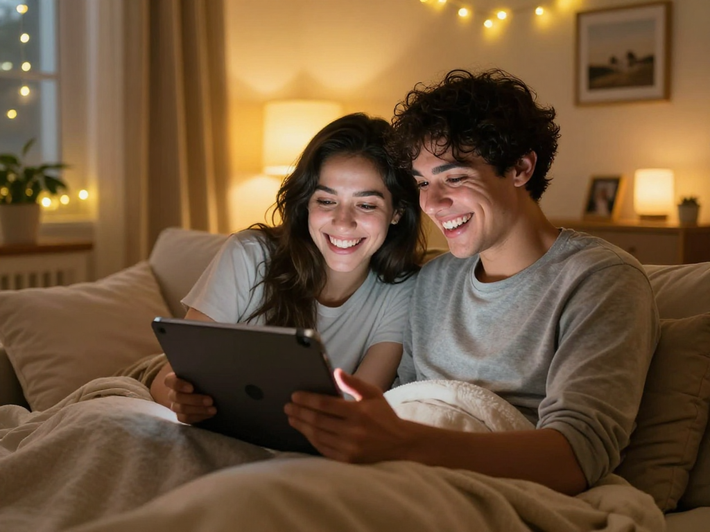 Couple enjoying ai chat porn in a cozy atmosphere, laughing and interacting with a tablet.