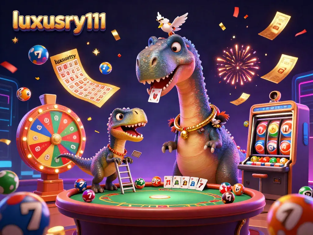 Experience the thrilling casino ambiance with luxury111, featuring a cartoon brontosaurus and vibrant slot elements.