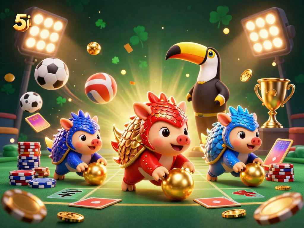 Engage in thrilling fun with 5jl, featuring rival pangolins bowling through poker chips in a casino setting.