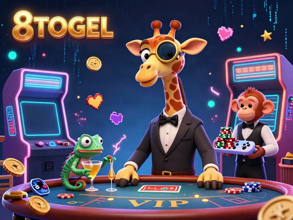 Experience the excitement of 8TOGEL with a high-roller giraffe and lively casino elements in this vibrant illustration.