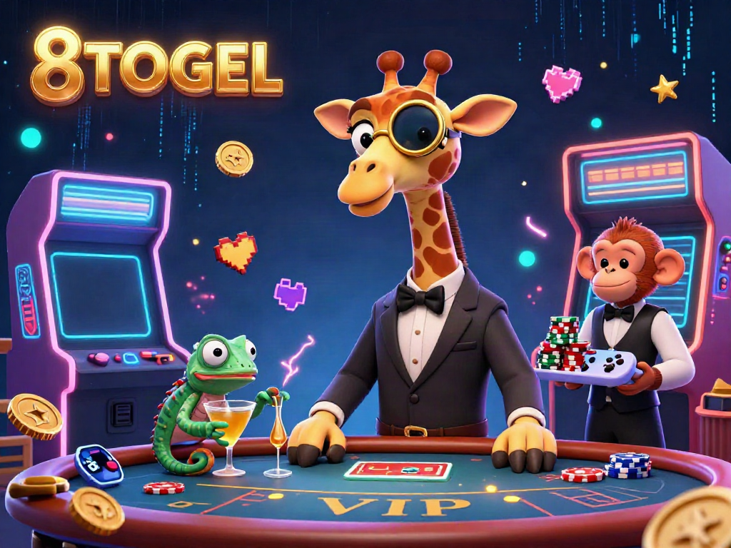Experience the excitement of 8TOGEL with a high-roller giraffe and lively casino elements in this vibrant illustration.