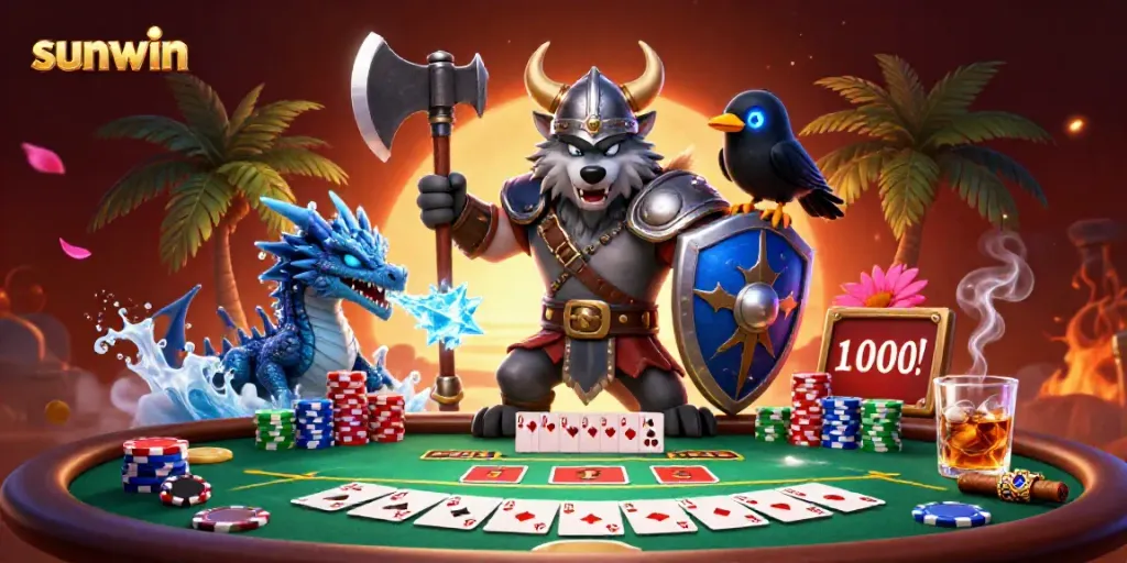 Experience thrilling gaming action at sunwin with Viking warrior and dragon at a poker table.