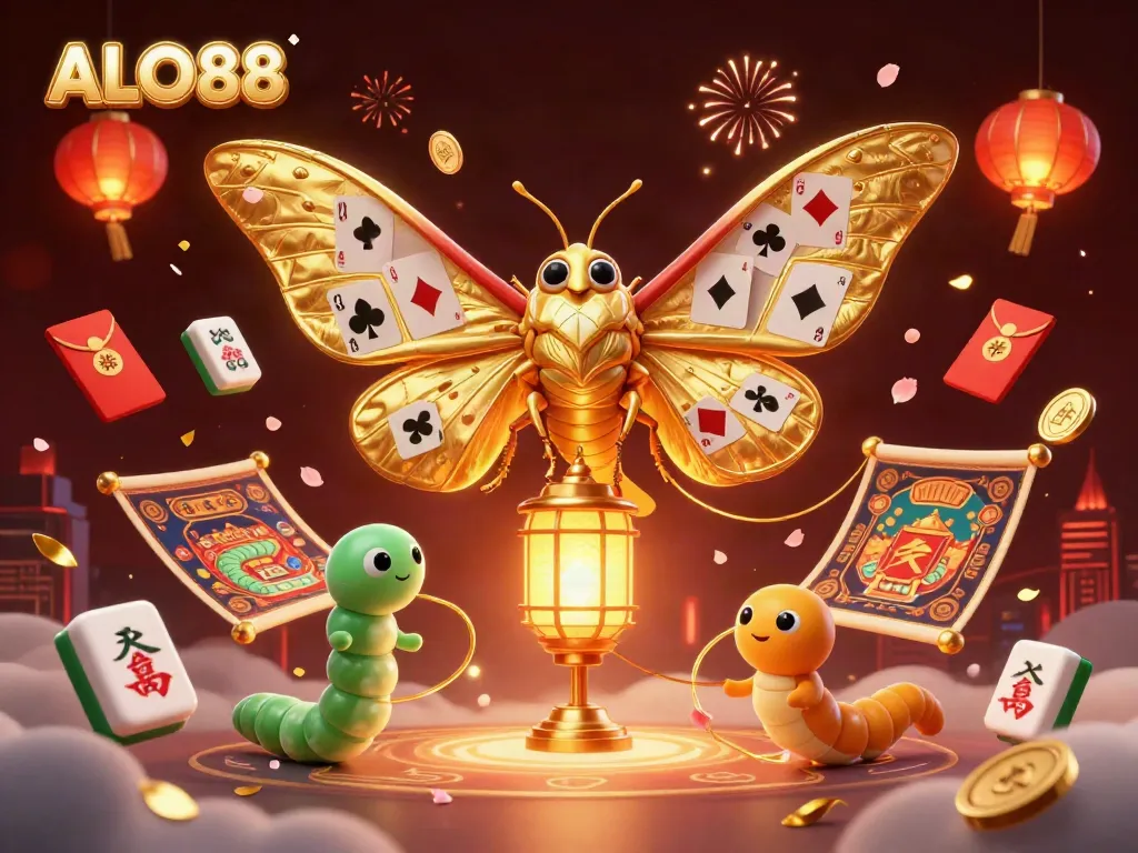 Experience thrilling gameplay with ALO88 as a majestic moth weaves casino scenes surrounded by festive elements.