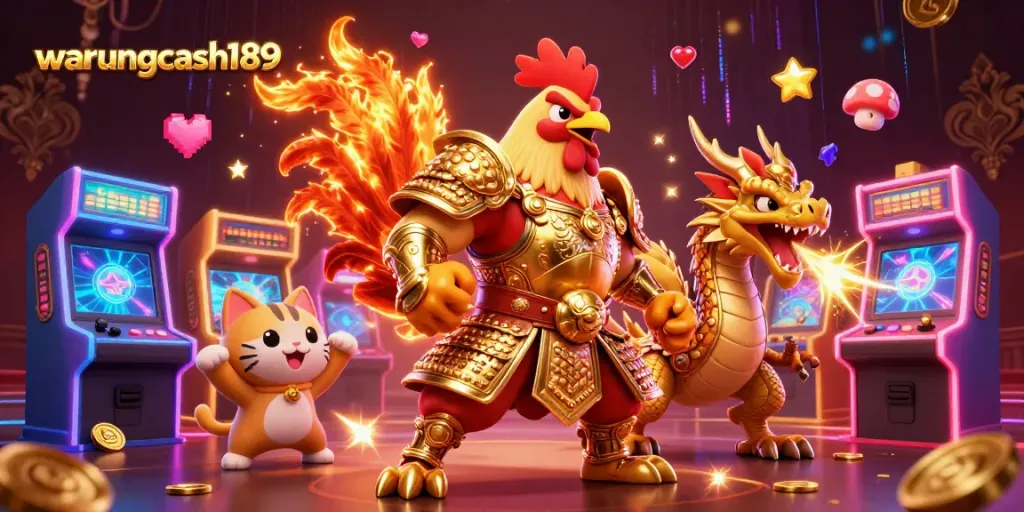 Join the excitement at warungcash189 with a vibrant, dynamic online gaming scene featuring unique characters and casino elements.