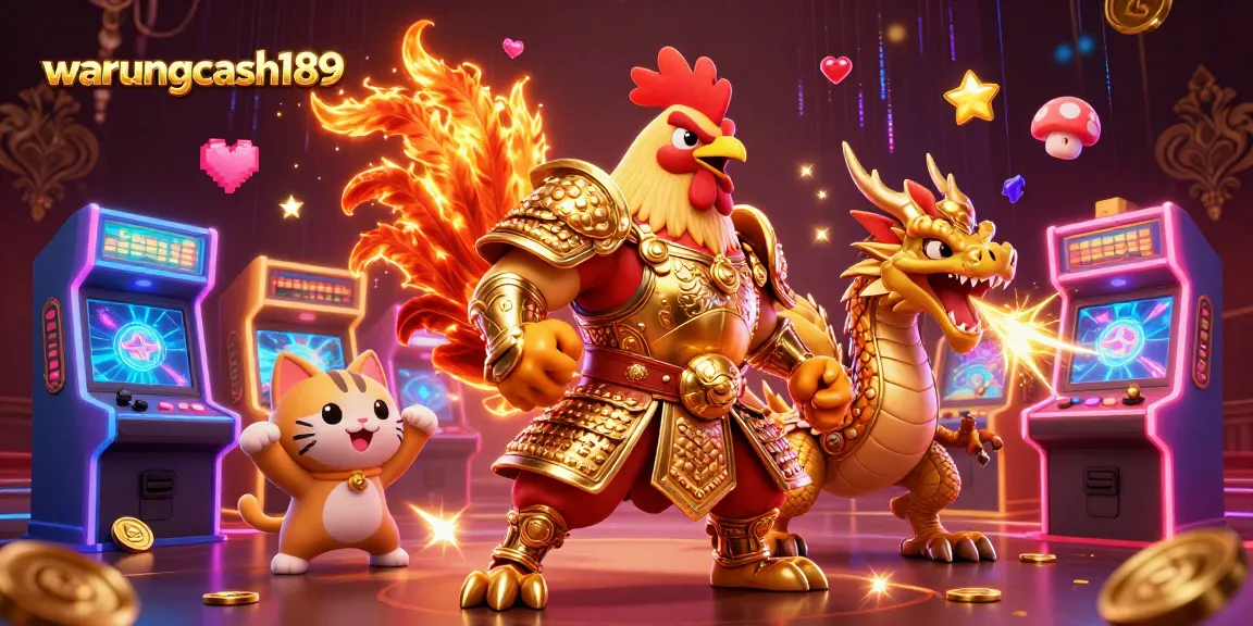 Join the excitement at warungcash189 with a vibrant, dynamic online gaming scene featuring unique characters and casino elements.