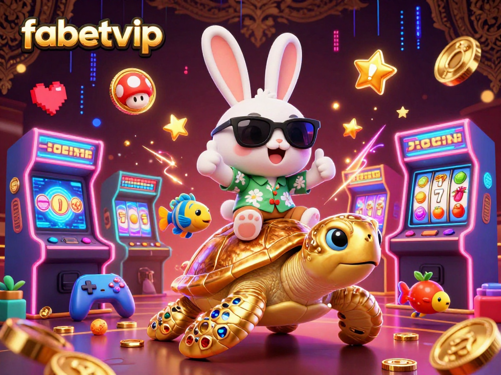 Join the fun at fabetvip with this vibrant casino-themed 3D illustration showcasing a lucky rabbit and golden turtle.