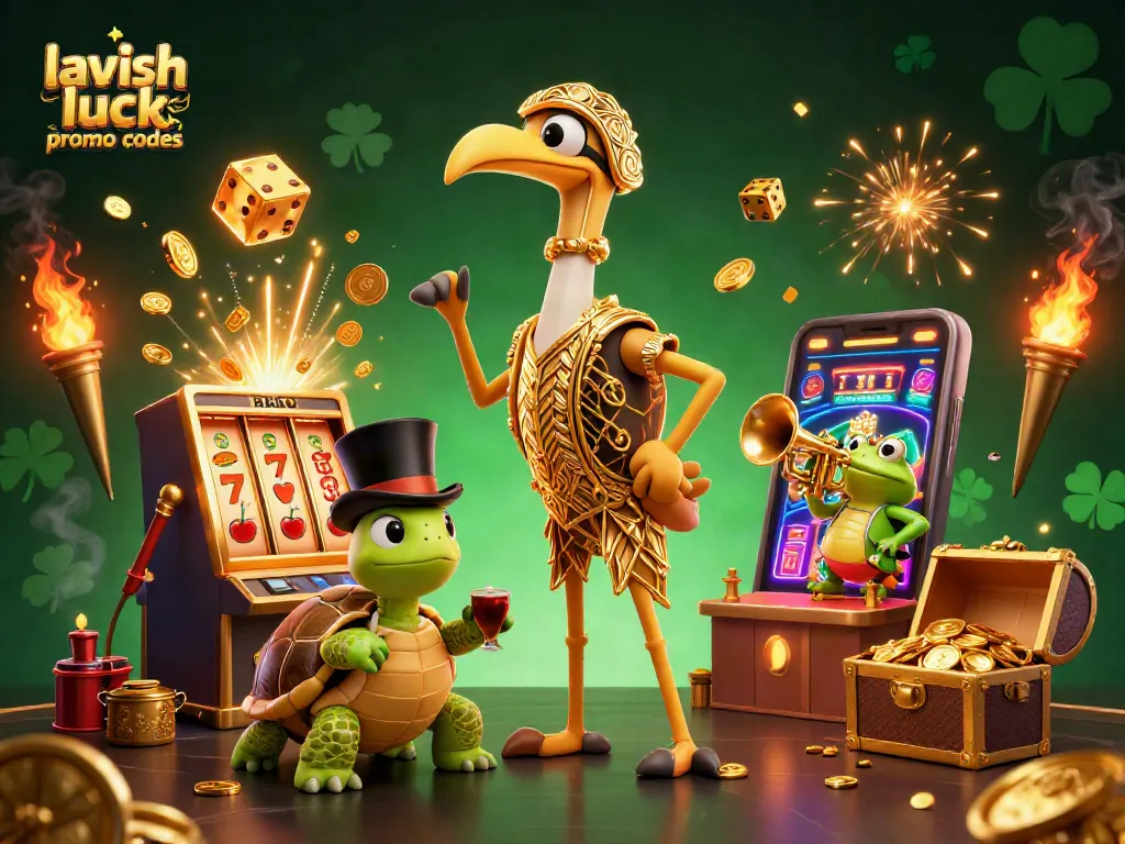 Engage with lavish luck promo codes while celebrating in a vibrant 3D casino scene.