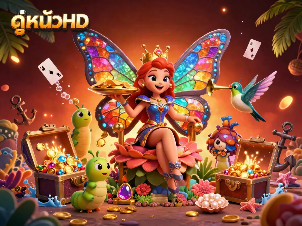 Experience immersive ดูหนังHD streaming with vibrant elements like chips, gold coins, and cards in a rich 3D scene.