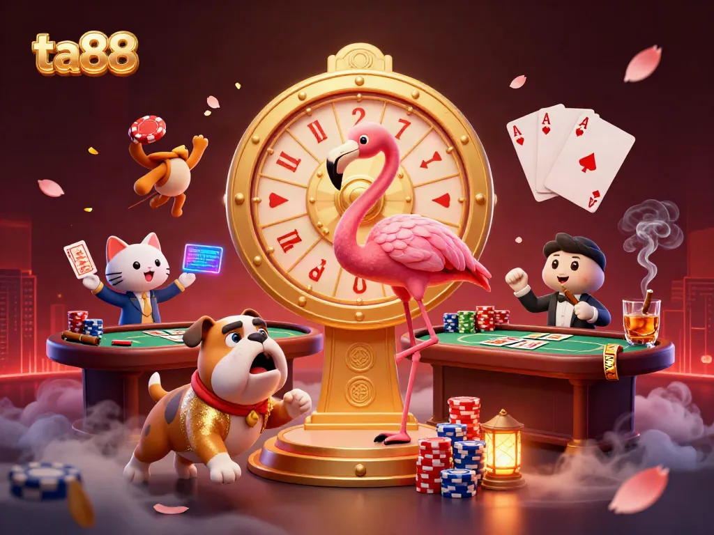 Play at ta88's dynamic casino with game show host flamingo, bulldog contestant, and scoreboard cat!