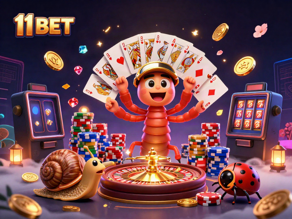 Engage in thrilling action with 11 BET's vibrant casino illustration showcasing animated characters and games.