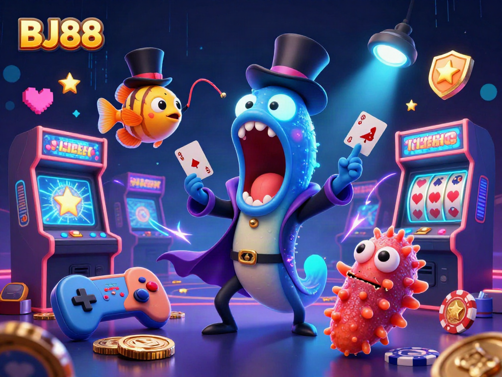 BJ88 engages users with vibrant 3D gambling-themed scene, highlighting diverse gaming elements.