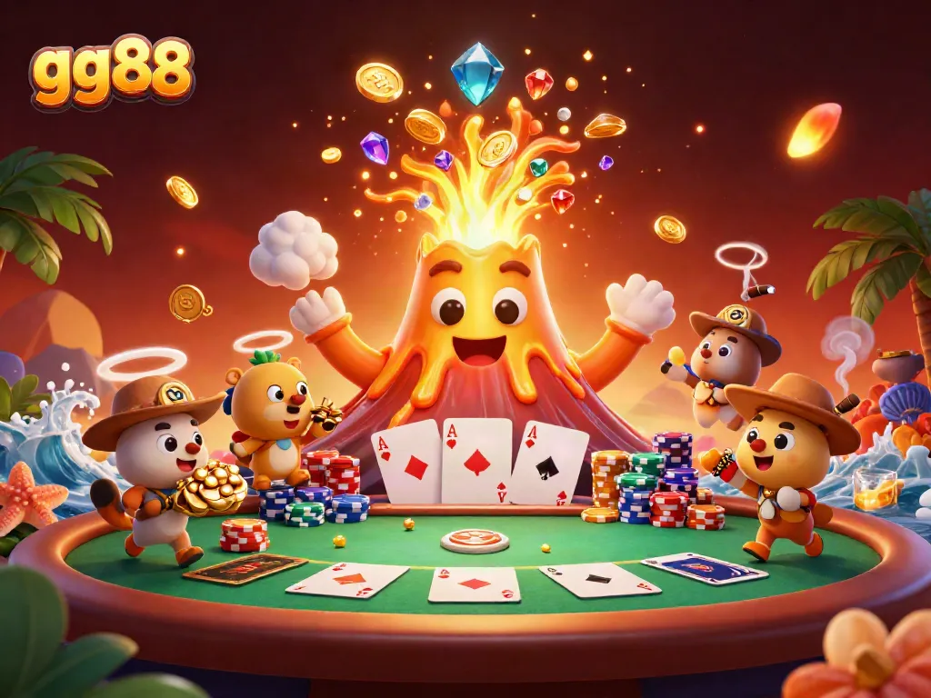 Win big with gg88 at a vibrant casino scene featuring explosive golden volcanoes and poker tables.