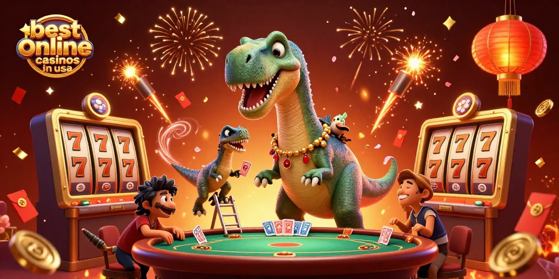 Experience the excitement of the best online casinos in USA with an engaging 3D illustration of a giant brontosaurus interacting with casino elements.