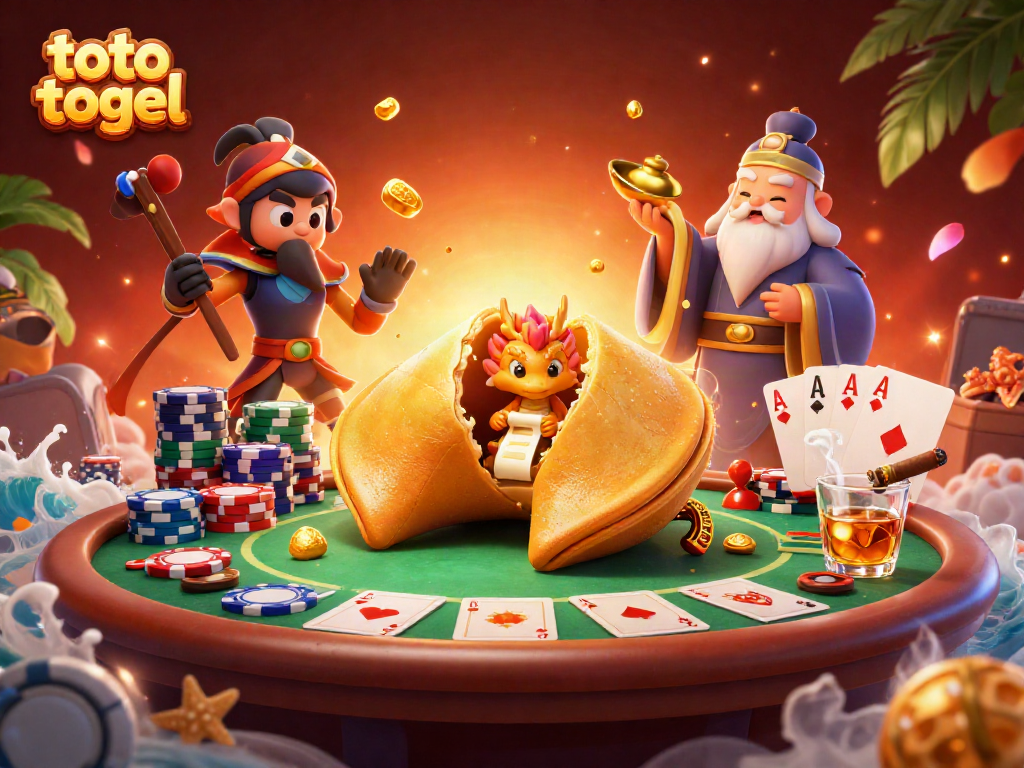 Gambar toto togel dengan karakter kue keberuntungan dan naga, bertindak dalam suasana kasino yang meriah