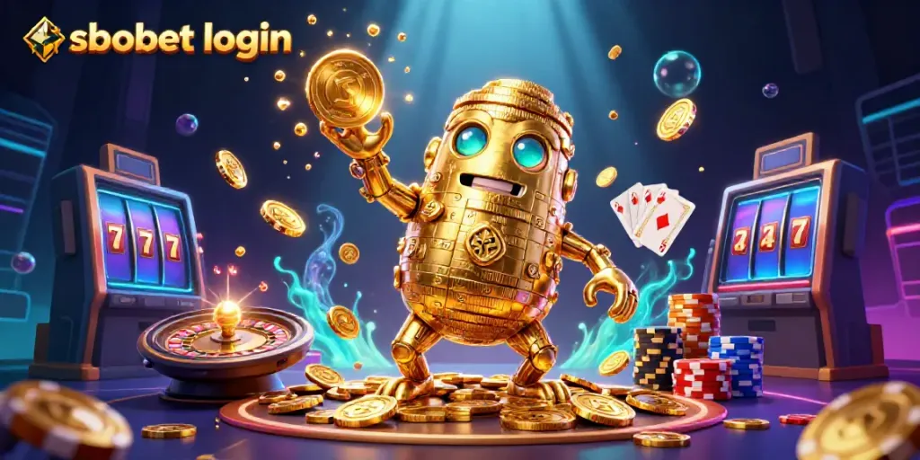 Experience exciting sbobet login action with a golden golem amidst cascading coins and shiny poker chips.