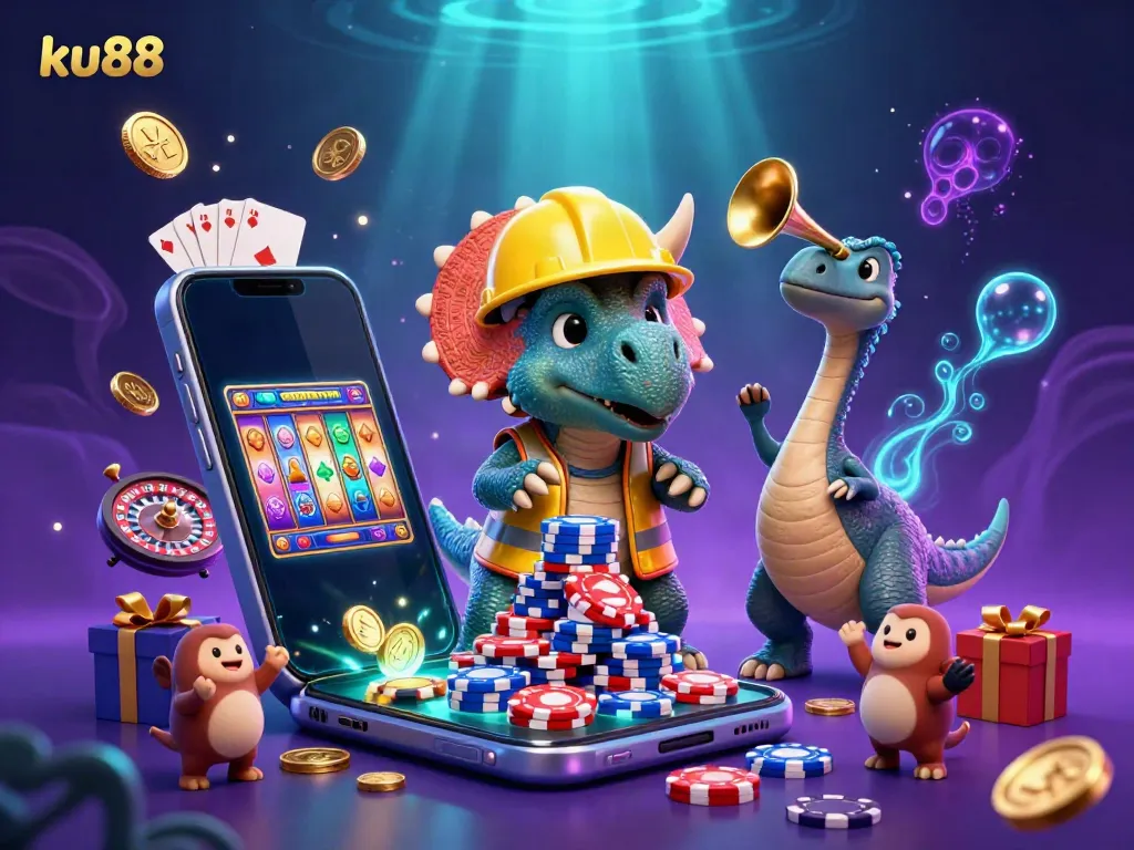 Join the celebration at ku88 with a vibrant scene of a triceratops stacking poker chips amidst exciting casino elements.