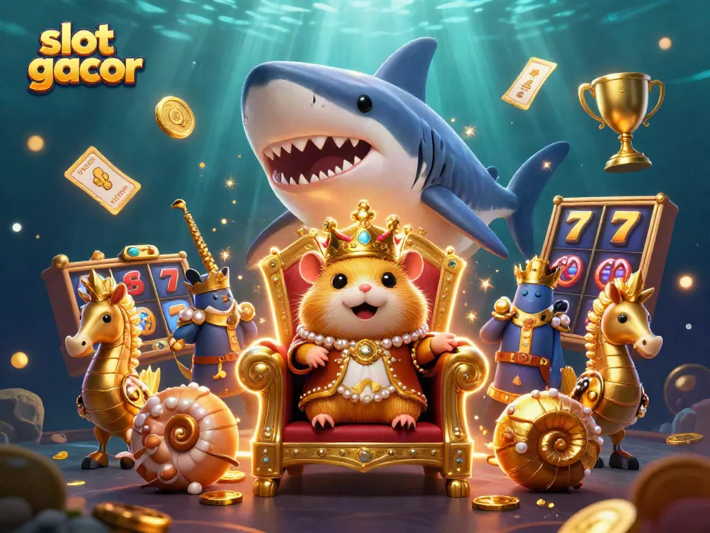 Experience slot gacor with a vibrant illustration of a golden hamster king and thrilling slot elements.