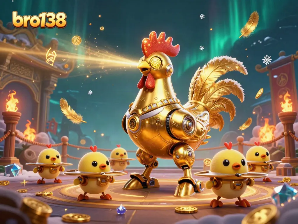 Engage with bro138 as golden rooster robot battles in a vibrant arcade setting, encoding victory!