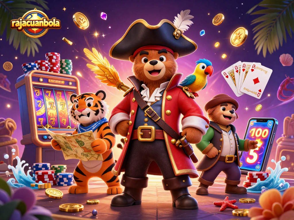 Engage with rajacuanbola in this vibrant casino scene showcasing a pirate bear, colorful poker chips, and winning slot reels.