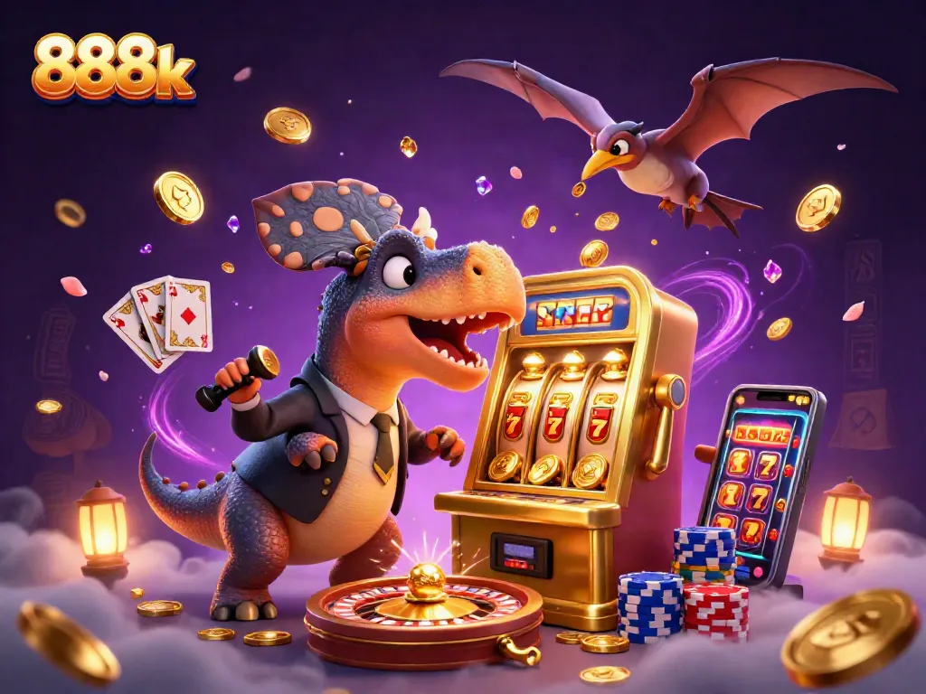 Experience the thrill of 888k as cartoon dinosaurs celebrate jackpot wins at a vibrant casino.