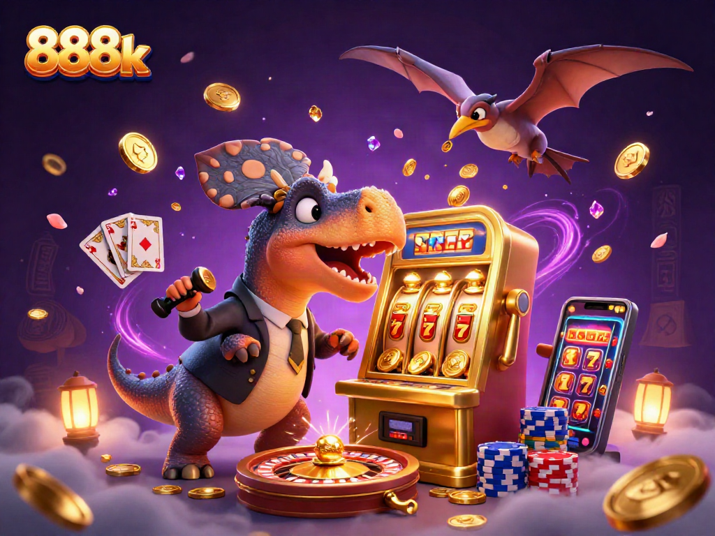 Experience the thrill of 888k as cartoon dinosaurs celebrate jackpot wins at a vibrant casino.