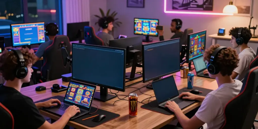 Exciting online gaming atmosphere at bro138 with diverse players enjoying slot games on multiple devices.