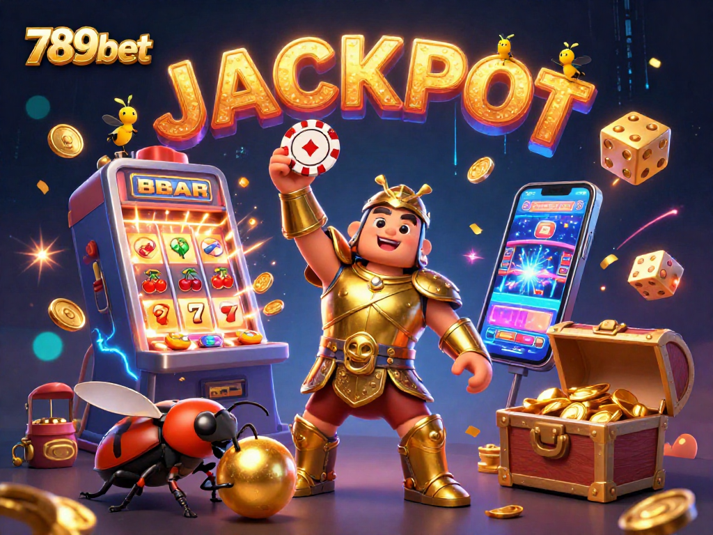 Celebrate winnings at 789bet with a dynamic illustration of a victorious beetle and vibrant casino elements.
