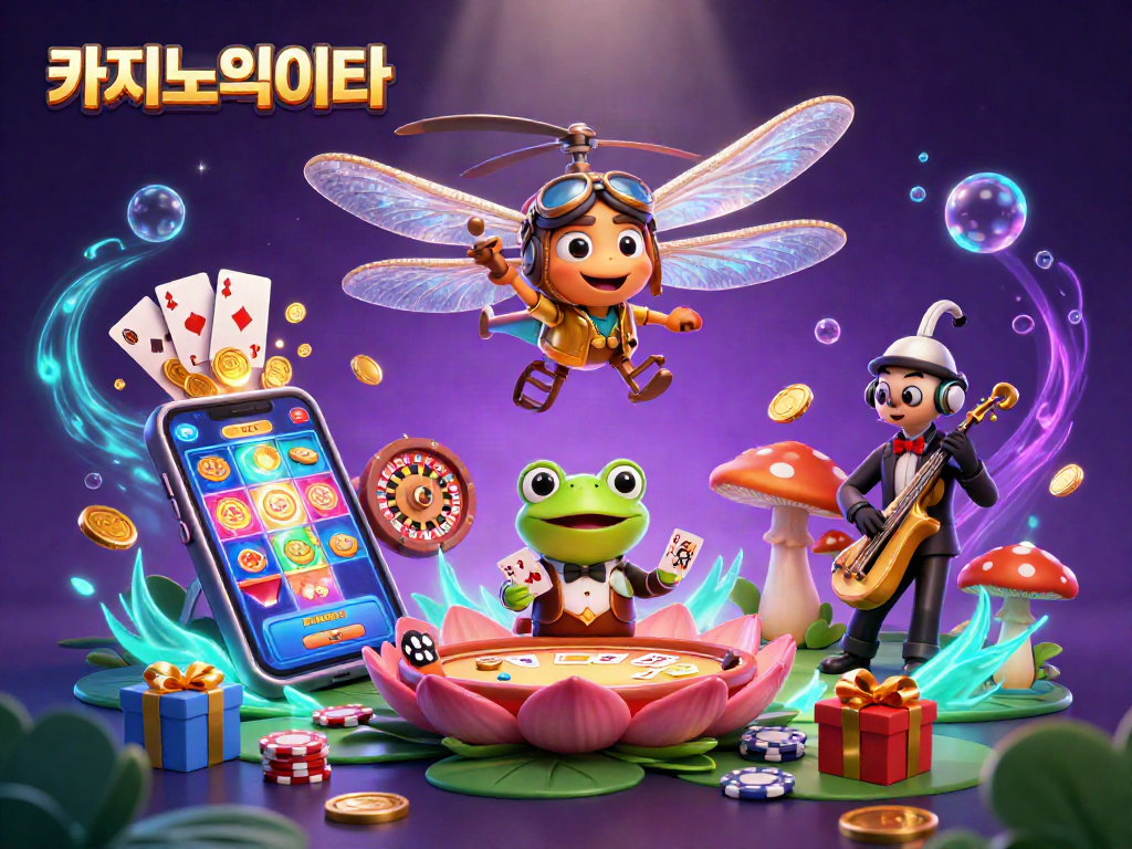 카지노사이트에서 카드 게임을 진행하는 개구리 크르피에와 드래곤파일 비행사와 함께하는 3D 일러스트