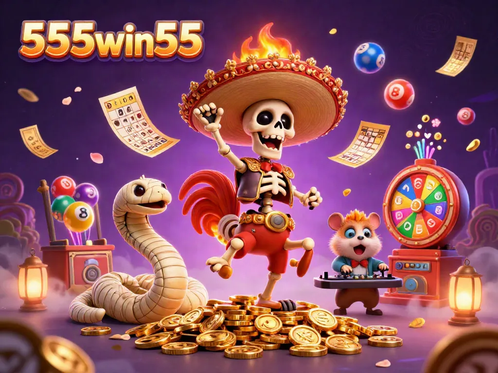 Join the excitement of 555win55 as cartoon characters revel in a vibrant casino scene filled with lottery balls and golden treasures.