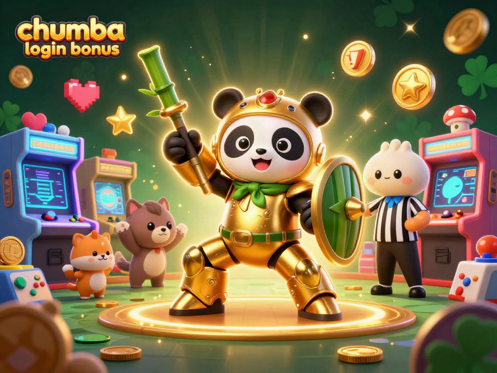Play and win with Chumba Casino login bonus featuring a golden panda in a vibrant 3D gaming arena.