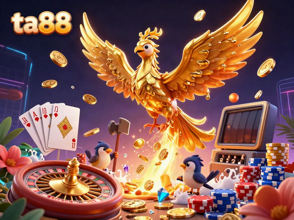 Engage in thrilling gameplay at ta88 with a molten metal phoenix, vibrant poker elements, and dynamic scenes.