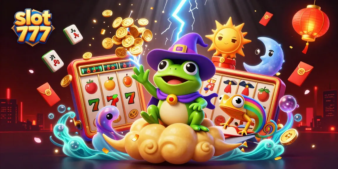 Spin the reels with slot 777 amidst coins, symbols, and magical creatures in this vivid illustration.