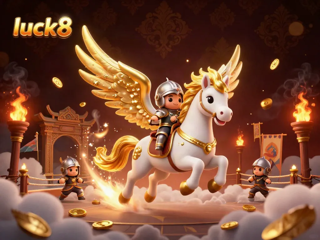 Engage with luck8 at a vibrant animated casino scene featuring a celestial horse and knight amidst dynamic gaming elements.