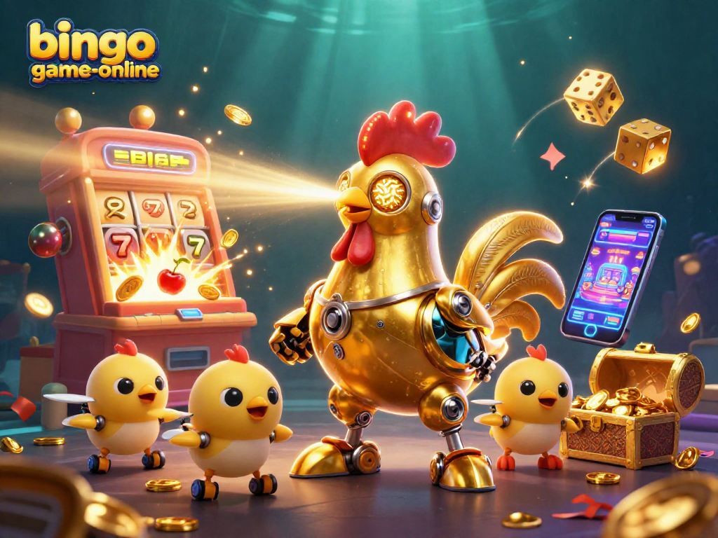 Play bingo-game-online with a vibrant scene featuring golden rooster robot and jackpot elements.
