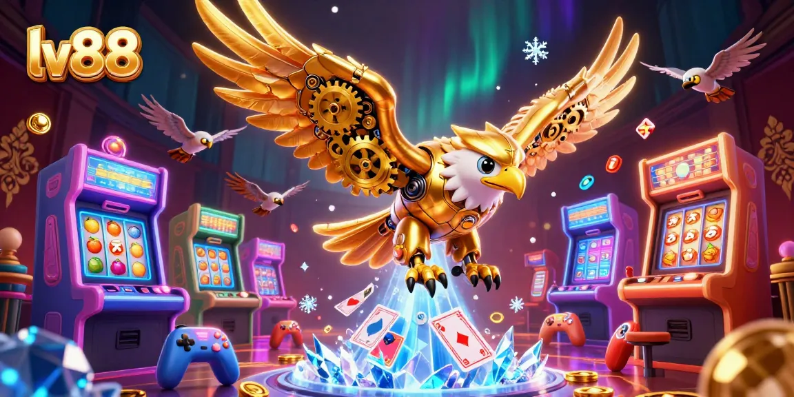 Experience the thrill at lv88 with a lively casino-themed illustration featuring a golden eagle and arcade games.