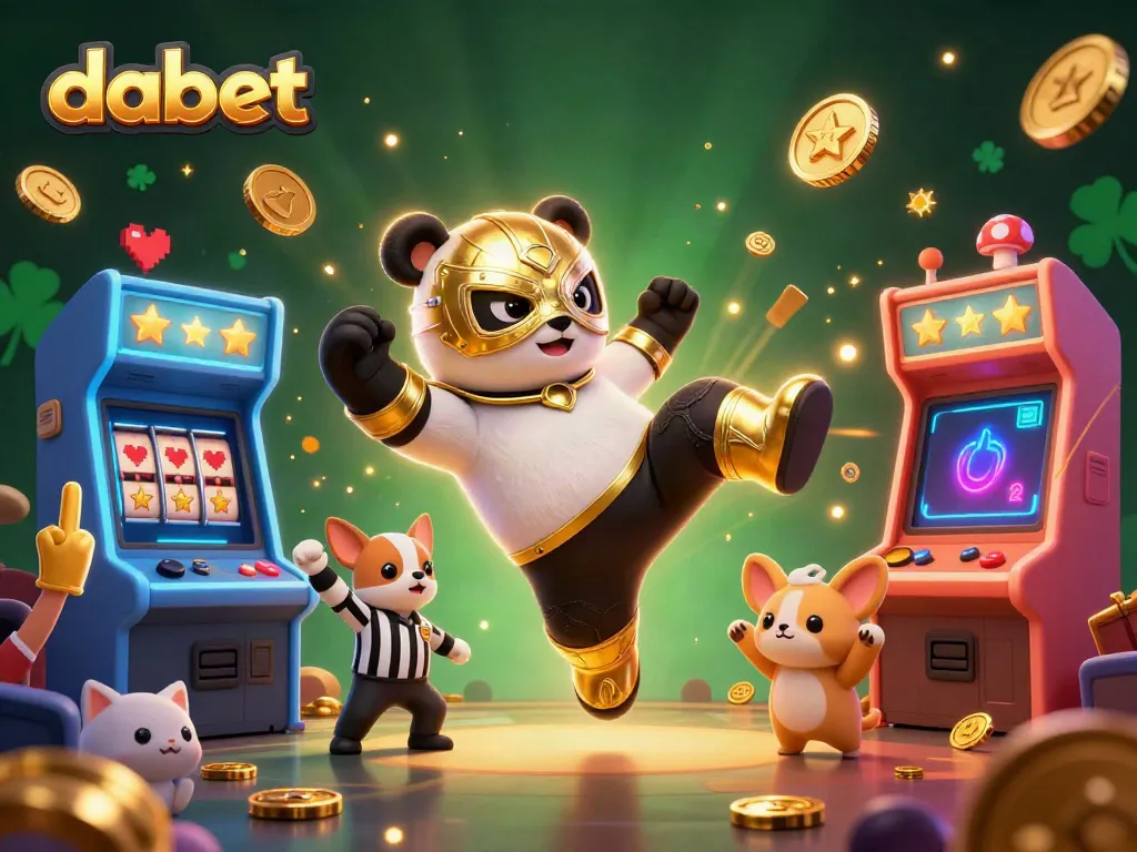 Dabet presents a dynamic casino scene with a wrestling panda and cheering animal fans engaging in gaming action.