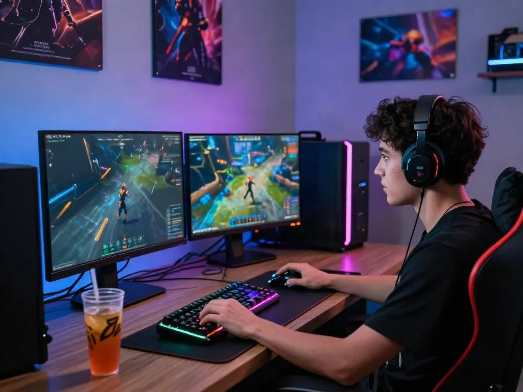 Player immersed in qqmacan online gaming with vibrant setup and ambient lights.