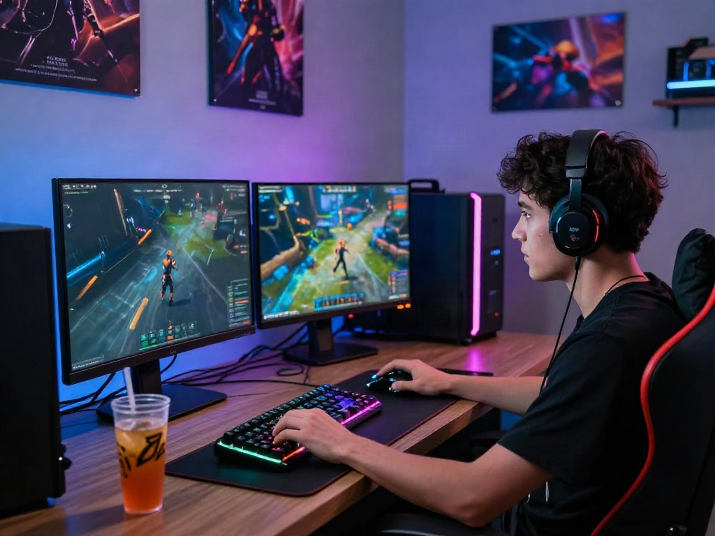 Player immersed in qqmacan online gaming with vibrant setup and ambient lights.