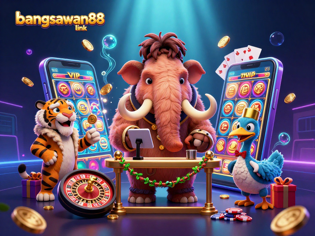 Experience the thrills with bangsawan88 link at this vibrant casino scene featuring animated characters.