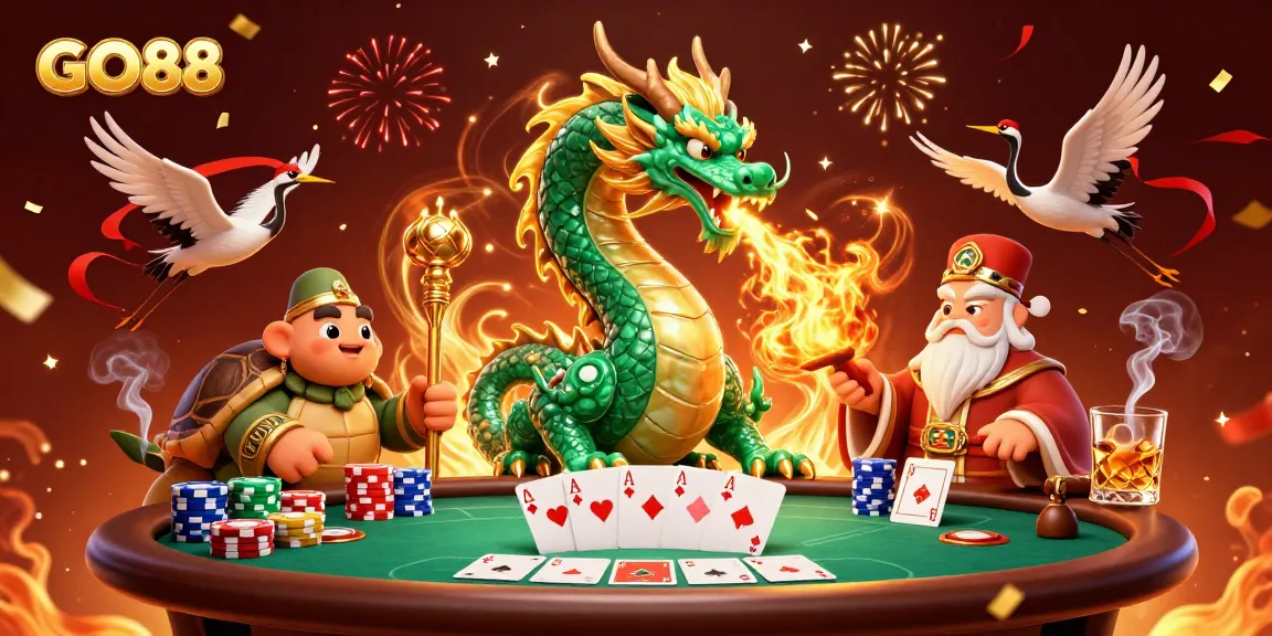 Engage with the GO88 dragon, turtle sage, and lucky cranes in a vibrant casino scene.