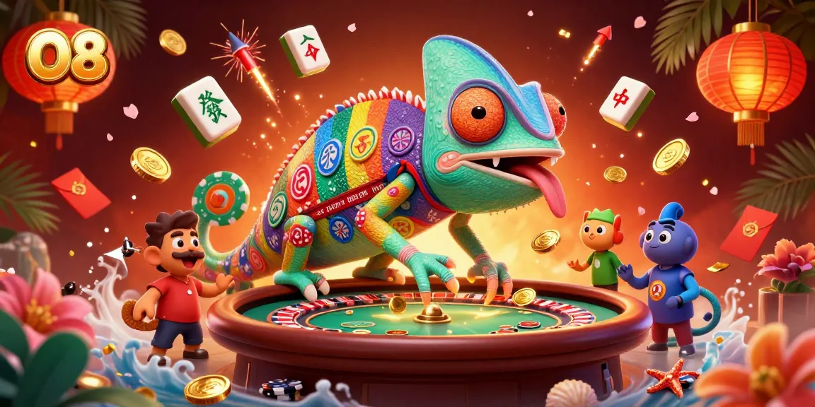 Engage in thrilling gameplay at O8 with a vibrant chameleon casino owner amidst festive elements.