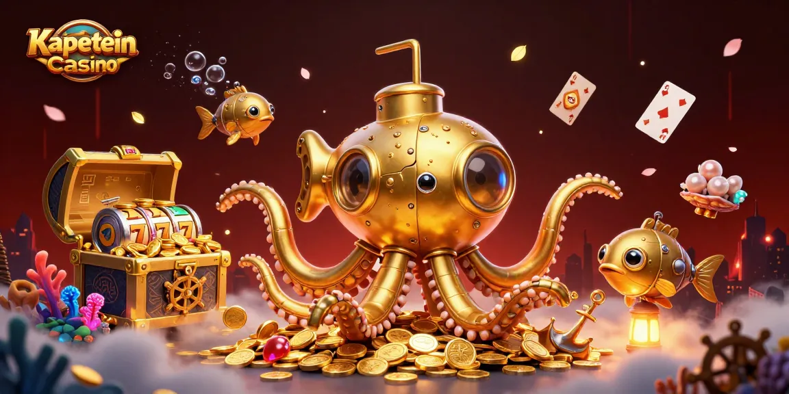 Kapitein Casino menghadirkan visual fantastis dengan kraken emas dan simbol permainan yang kaya dalam koin emas.